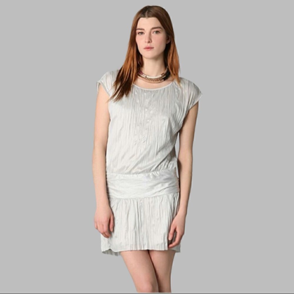 Theory Denatria Full Mooth Silver Crinkle Satin Drop Waist Mini Dress Size Small